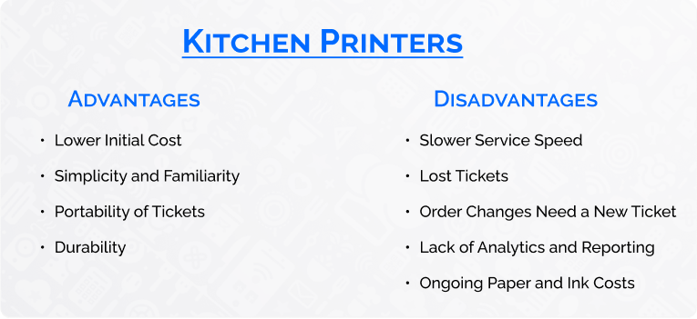 A chart showing Kitchen Printer Advantages & Disadvantages